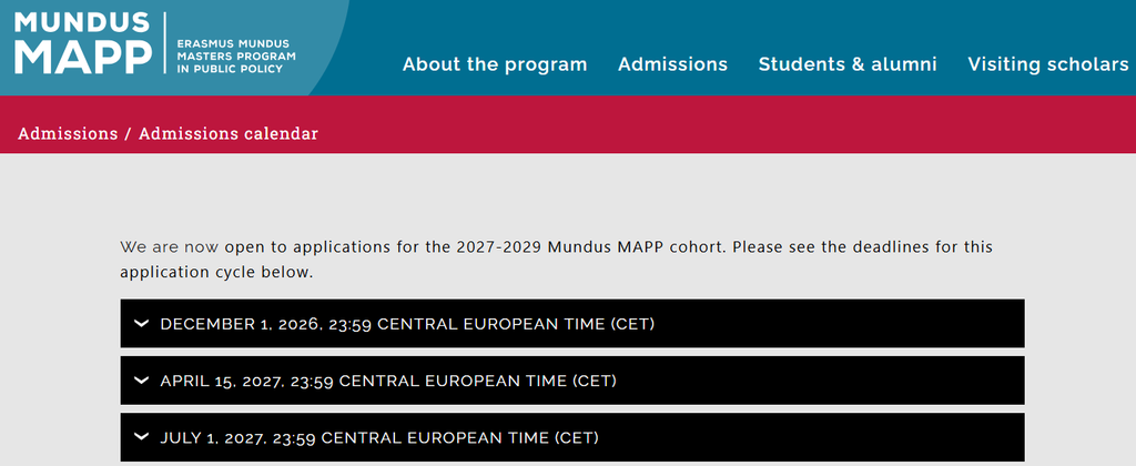 Mundus MAPP 2027 Application Deadlines